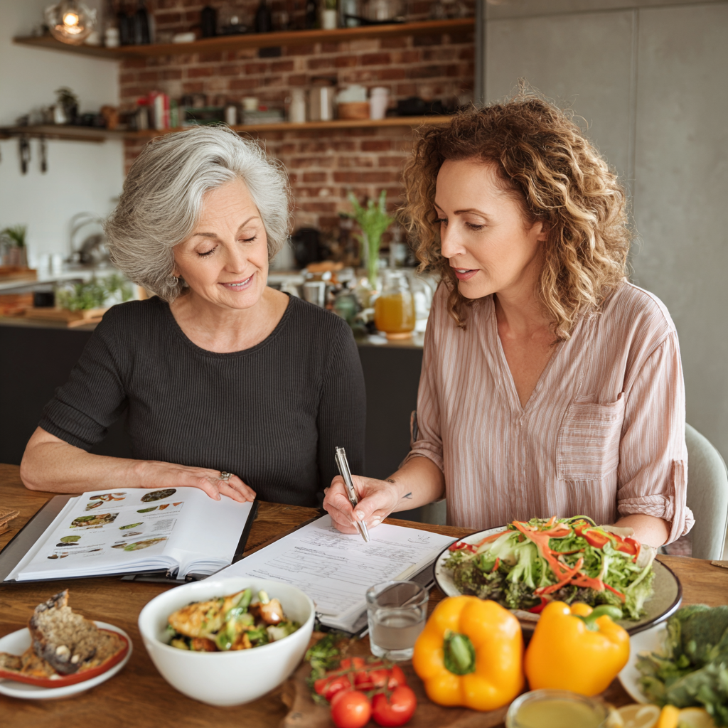 Middle-aged woman consulting with nutritionist while reviewing healthy meal plans and food options