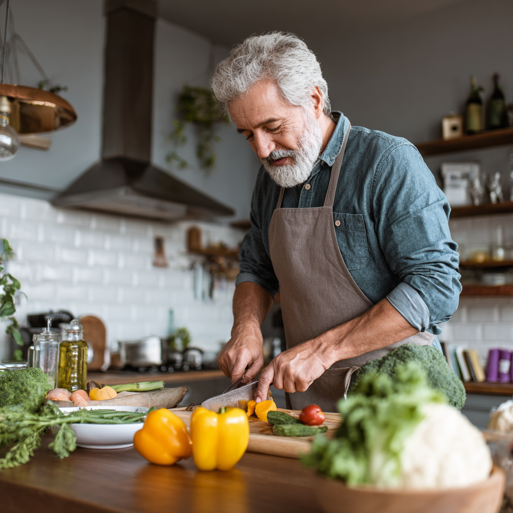 Senior man preparing nutritious meal in modern kitchen following personalized meal plan